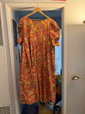 Bright Orange Floral Puff-Sleeve Maxi Dress